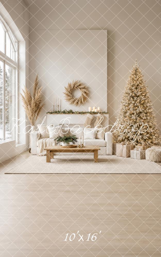 Kate Sweep Christmas Tree Elegant Cream Living Room Sofa Fireplace Printed Backdrop Designed by Happy Squirrel Design