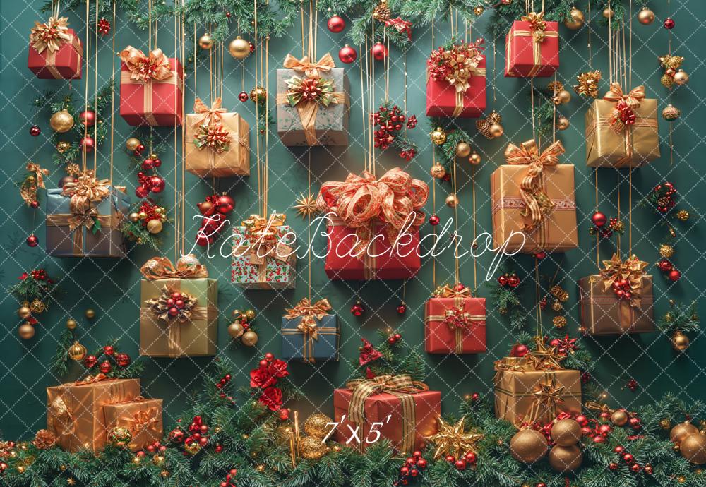 Kate Christmas Hanging Gift Boxes Garland Green Backdrop Designed by Emetselch