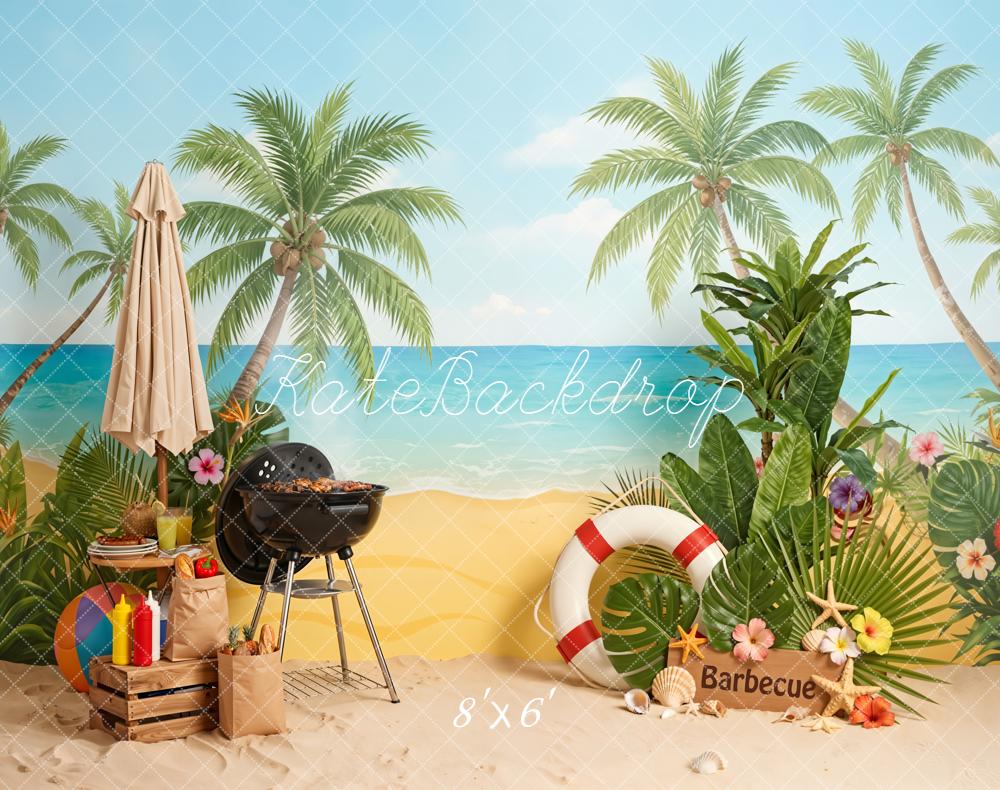 Kate Summer Beach Palm Trees Barbecue Umbrella Flowers Backdrop Designed by Emetselch