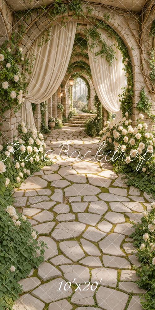 Kate Spring Stone Archway White Roses Cascading Stairs Printed Backdrop Designed by Emetselch