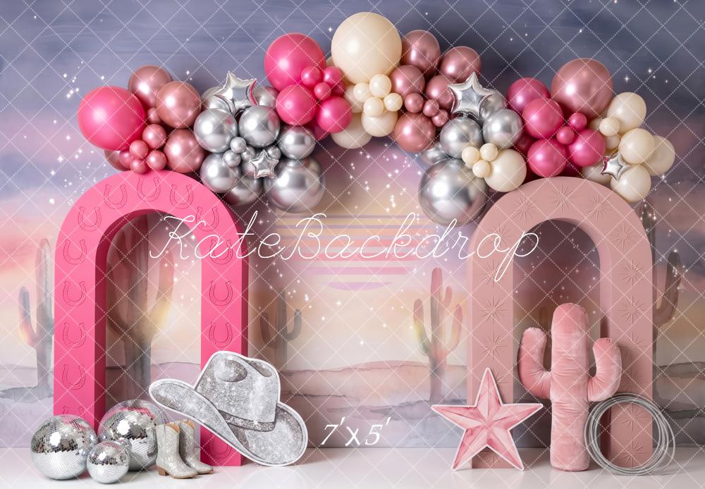 Kate Birthday Pink Western Cowgirl Balloon Arch Printed Backdrop Designed by Patty Roberts
