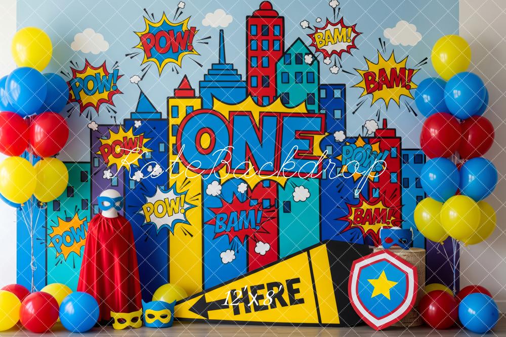 Kate Cake Smash Superhero Comic City Skyline Pop Art Backdrop Backdrop Designed by Patty Roberts