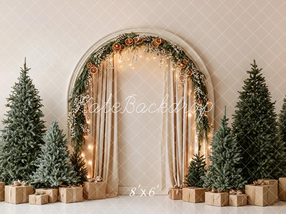 Kate Christmas Pine Garland Arch Pine Trees Presents Beige Printed Backdrop Designed by Emetselch