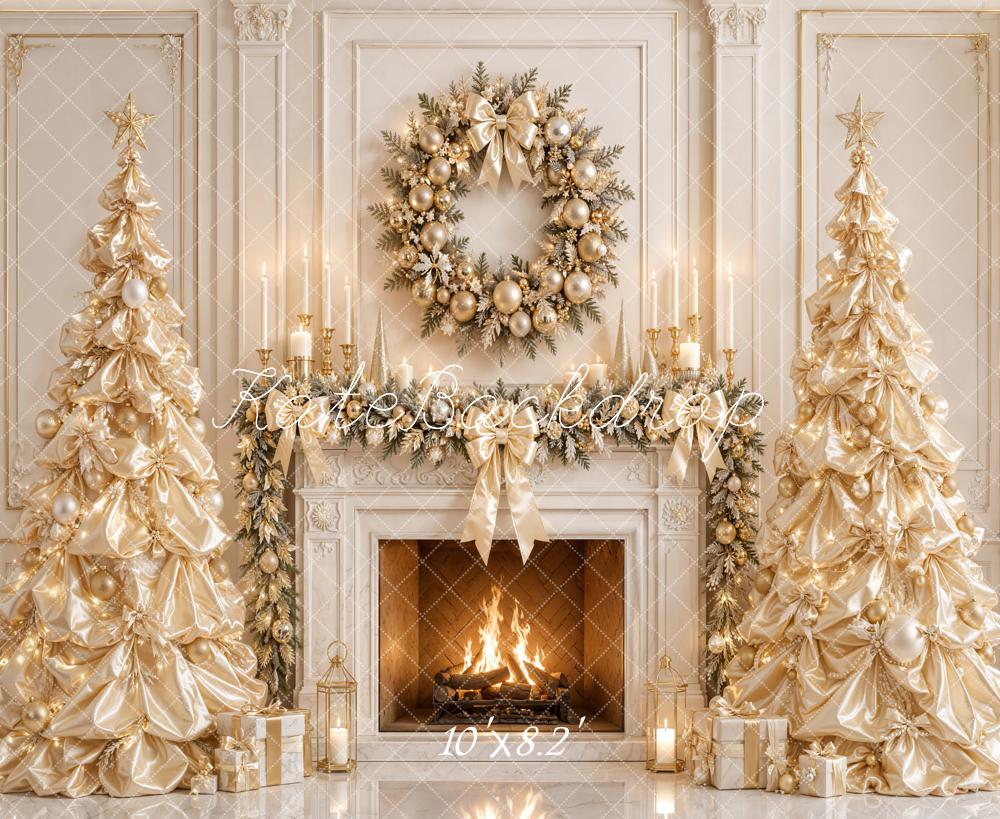 Kate Christmas Gold Satin Trees Wreath Fireplace Garland Printed Backdrop Designed by Emetselch