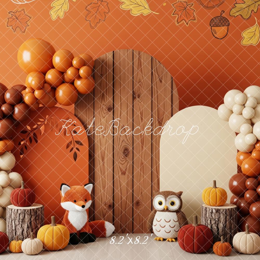 Kate Fall Cake Smash Fox Owl Pumpkin Balloon Arch Backdrop Designed by Patty Roberts