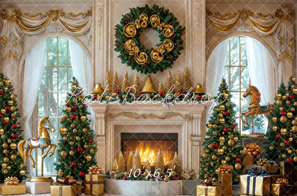 Kate Christmas Fireplace Gold Wreath Tree Carousel Backdrop Designed by Mini MakeBelieve