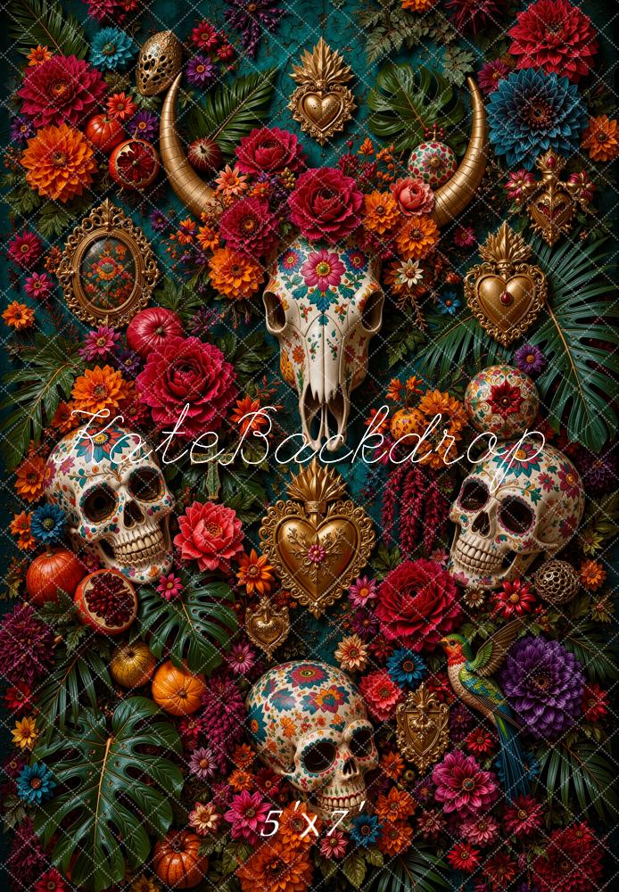 Kate Mexican Day Of The Dead Fine Art Skulls Floral Horns Printed Backdrop Designed by Ashley Ward