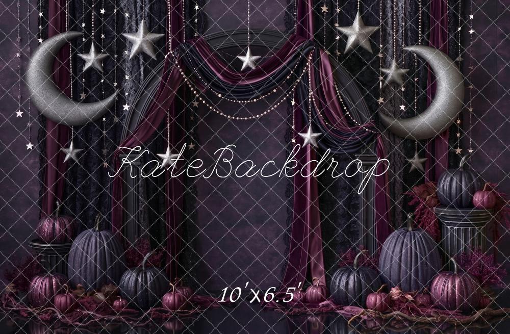 Kate Halloween Gothic Drapery Moons Stars Pumpkins Dark Printed Backdrop Designed by Angela Miller