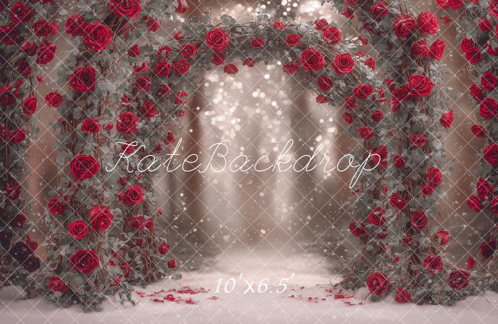 Kate Valentine's Day Flower Arch Red Roses Bokeh Backdrop Designed by Angela Miller