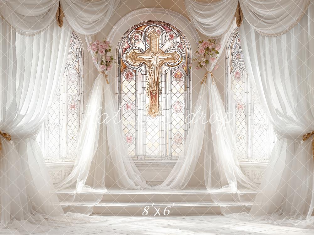 Kate Wedding Church Stained Glass Cross Drapes Flowers Backdrop Designed by Emetselch