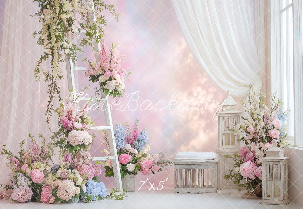 Kate Summer Pastel Flower Arch Ladder and Lanterns Printed Backdrop Designed by Angela Miller