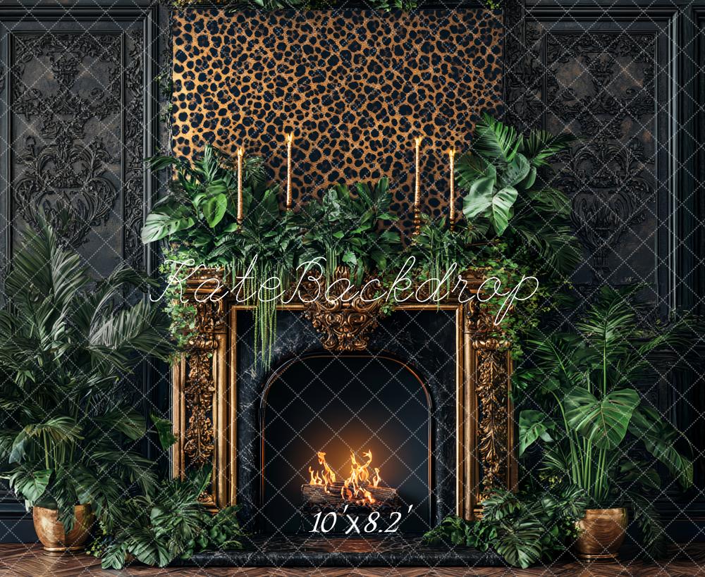 Kate Boudoir Leopard Print Ornate Fireplace Jungle Greenery Printed Backdrop Designed by Ashley Paul