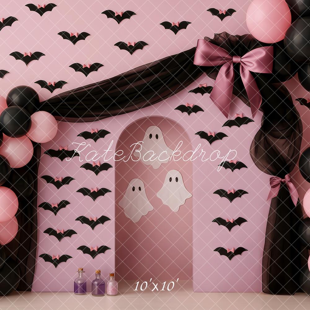 Kate Halloween Cake Smash Drapes Pink Bats Ghosts Balloon Arch Backdrop Designed by Patty Roberts