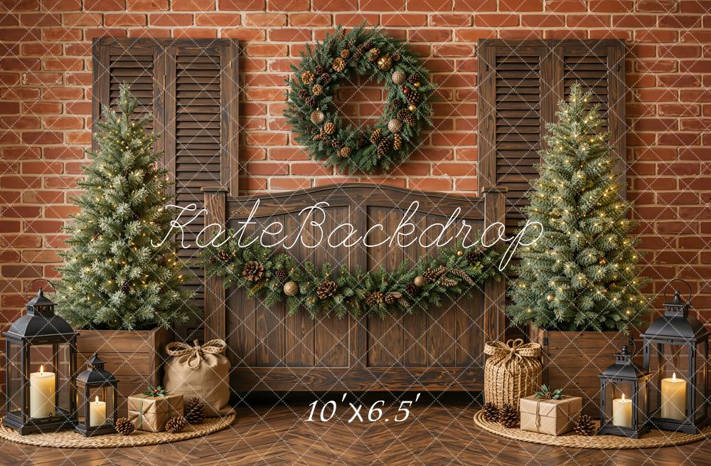 Kate Christmas Headboard Rustic Wood Christmas Tree Wreath Garland Brick Wall Printed Backdrop Designed by Emetselch