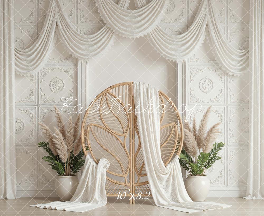 Kate Mother's Day Boho White Drapes Rattan Chair Pampas Grass Backdrop Designed by Mini MakeBelieve