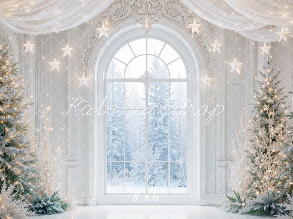 Kate Christmas Snowy Window Trees Hanging Stars Printed Backdrop Designed by Mini MakeBelieve