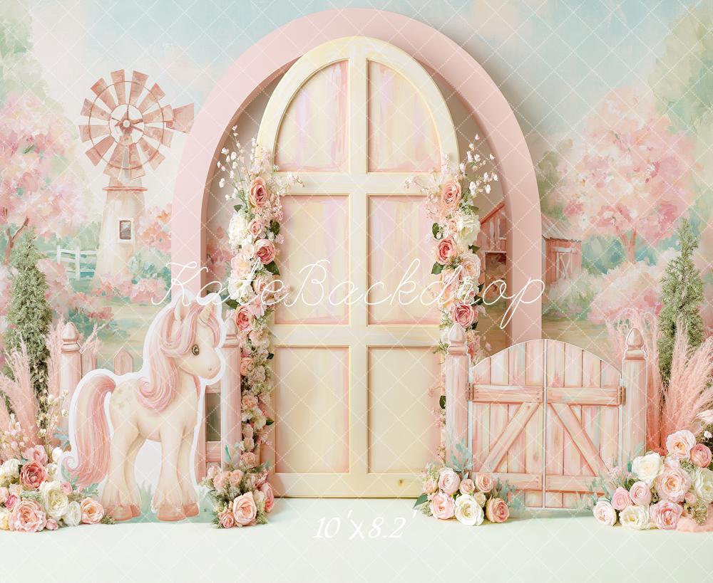 TEST Kate Cake Smash Pastel Pony Flower Arch Windmill Farm Printed Backdrop Designed by Angela Miller