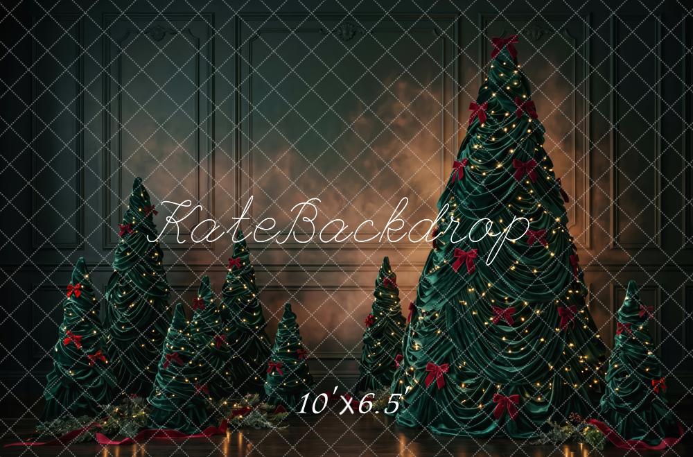 Kate Christmas Trees Dark Moody Red Bows Lights Printed Backdrop Designed by Patty Roberts