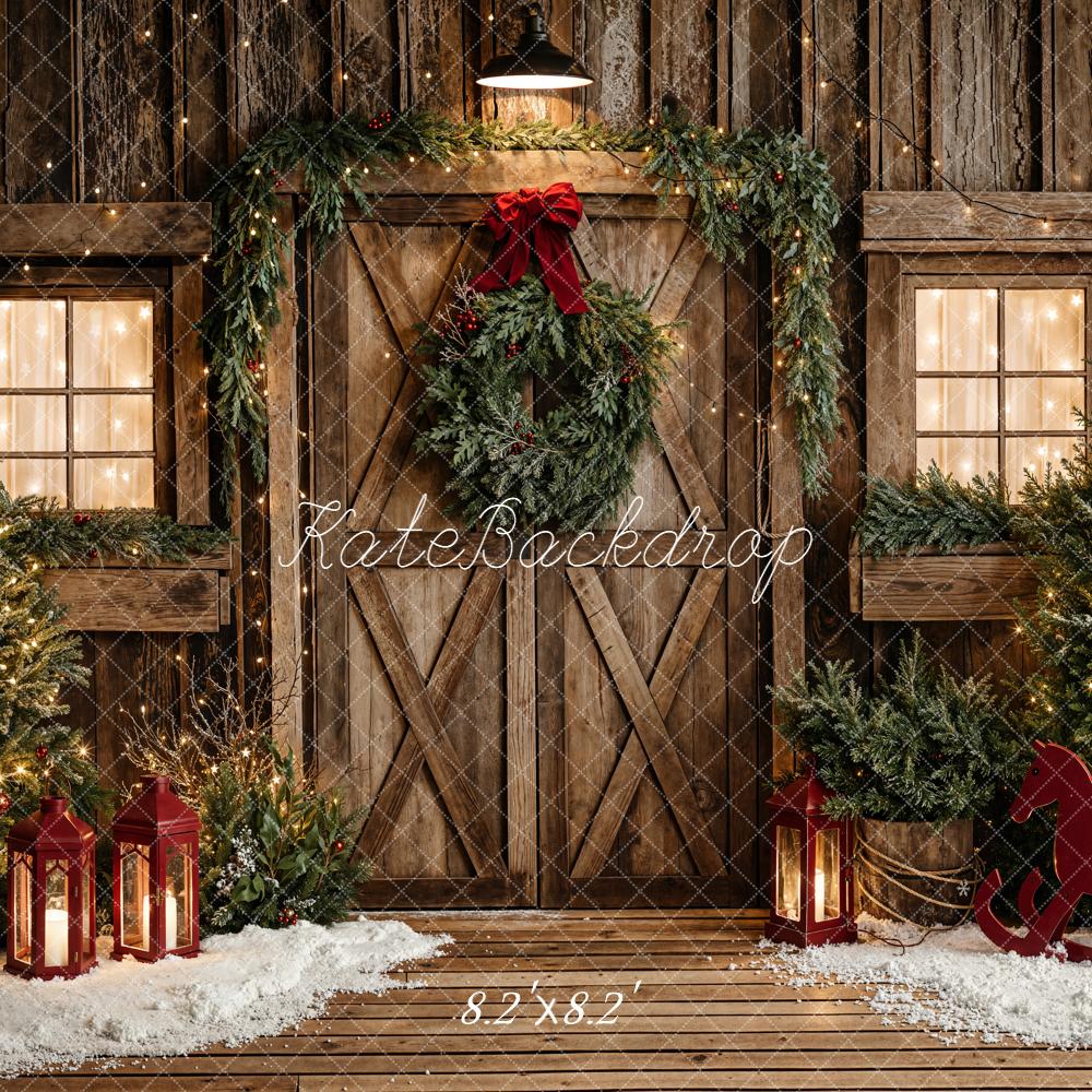 Kate Christmas Rustic Barn Door Wreath Garland Trees Lanterns Backdrop Designed by Emetselch