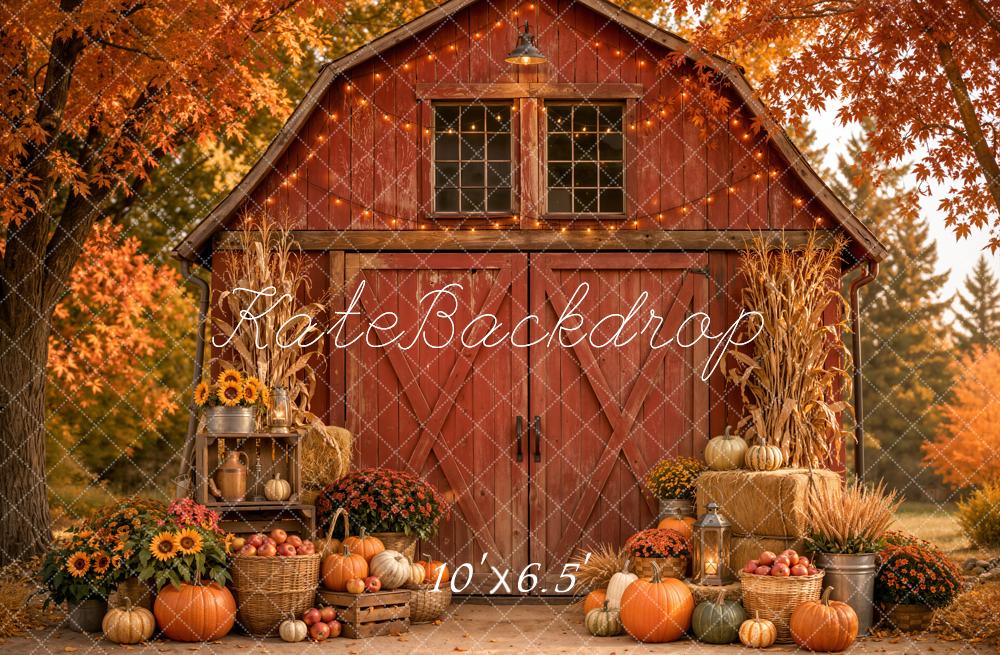 Kate Fall Red Barn Pumpkins Sunflower Lantern Harvest Forest Printed Backdrop Designed by Emetselch
