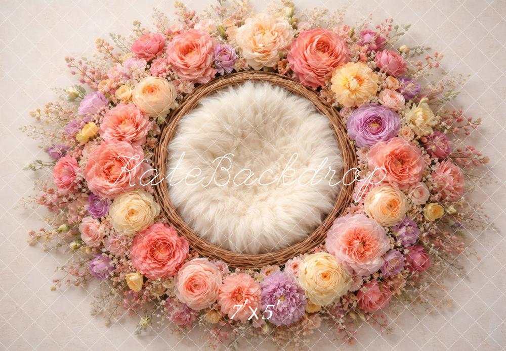 Kate Newborn Pastel Flower Arch Wicker Nest Printed Backdrop Designed by Vertigo Productions