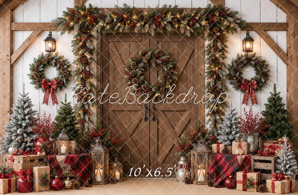 Kate Christmas Rustic Barn Door Garland Wreaths Gifts Printed Backdrop Designed by Emetselch