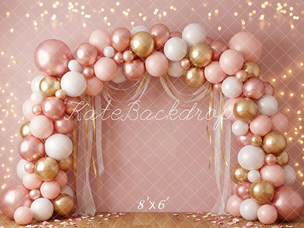 TEST Kate Birthday Balloon Arch Pink Gold White Bokeh Printed Backdrop Designed by Happy Squirrel Design