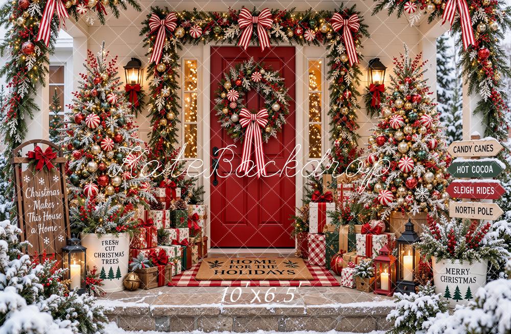 Kate Christmas Red Front Door Peppermint Trees Garland Snow Printed Backdrop Designed by Shutter Swan Studios