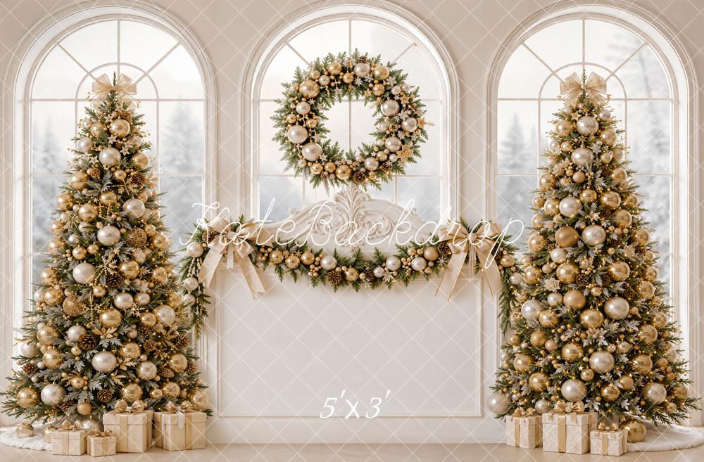 Kate Christmas Headboard Gold Christmas Trees Wreath Garland Window Printed Backdrop Designed by Emetselch