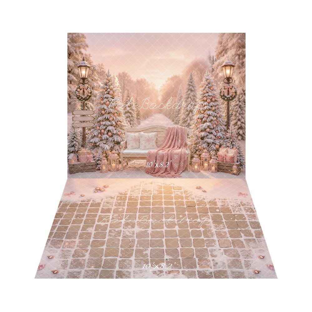 Kate Christmas Snowy Trees Bench Pink Gifts Outdoor Printed Backdrop+Snowy Pink Tile Floor Printed Backdrop