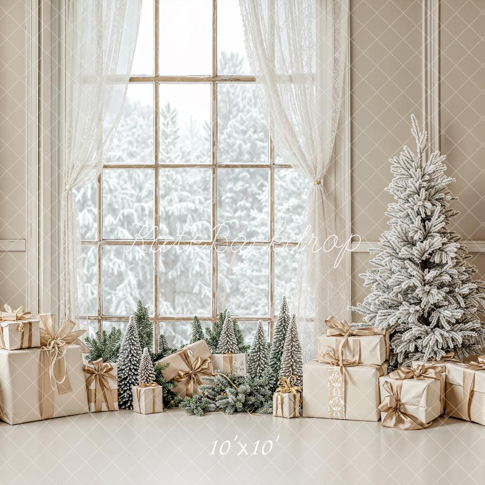 Kate Christmas Snowy Tree Gold Gifts Window Curtain Backdrop Designed by Emetselch
