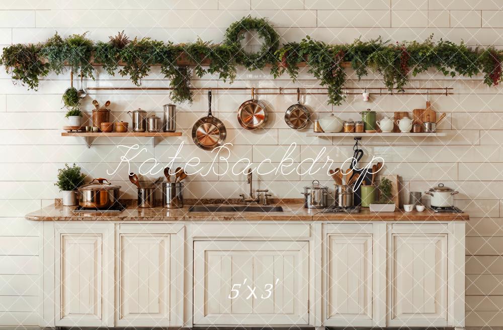 Kate Christmas Kitchen White Cabinets Cookware Backdrop Designed by Emetselch