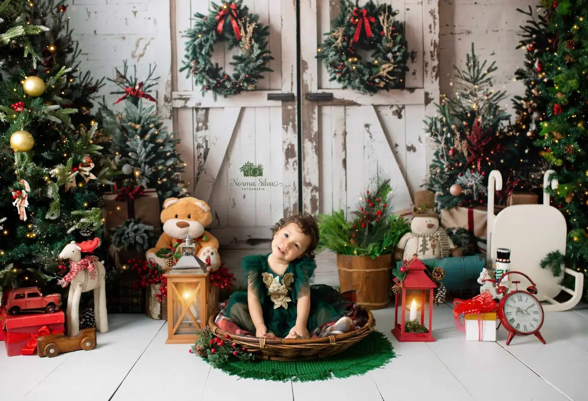 Fondo de puerta de granero desgastado blanco diseñado por Emetselch para Navidad