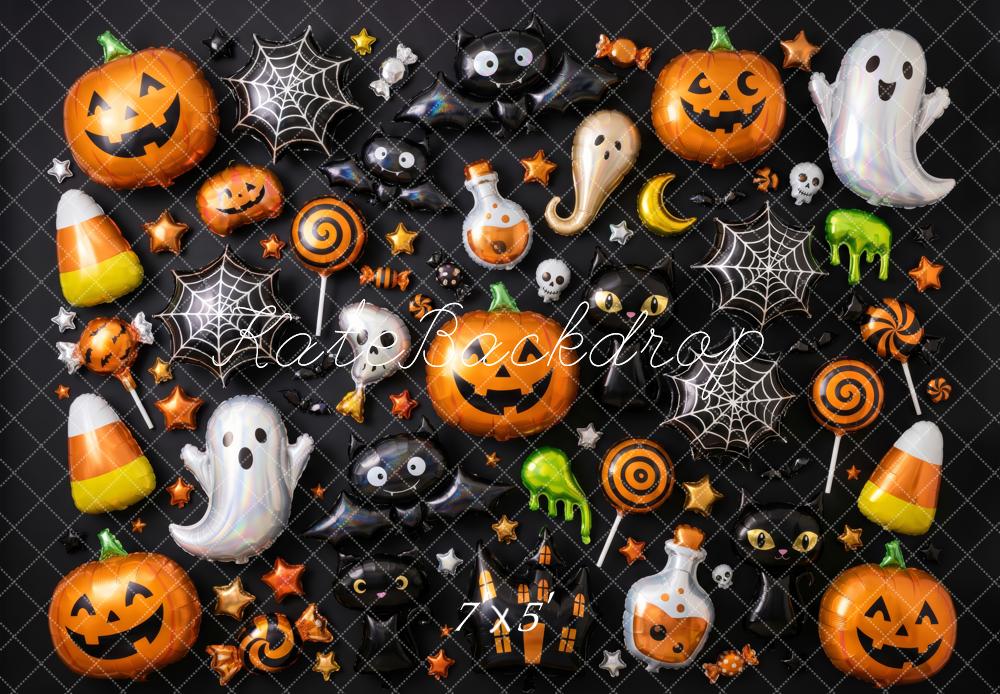 Kate Halloween Balloons Pumpkins Ghosts Candy Spiderwebs Printed Backdrop Designed by Patty Roberts