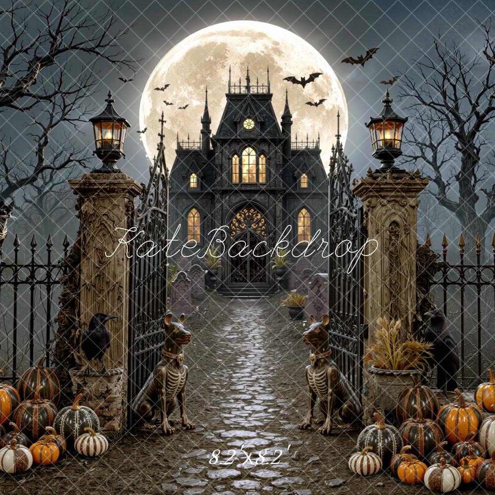 Kate Halloween Night Haunted Mansion Moon Pathway Pumpkins Printed Backdrop Designed by Mini MakeBelieve