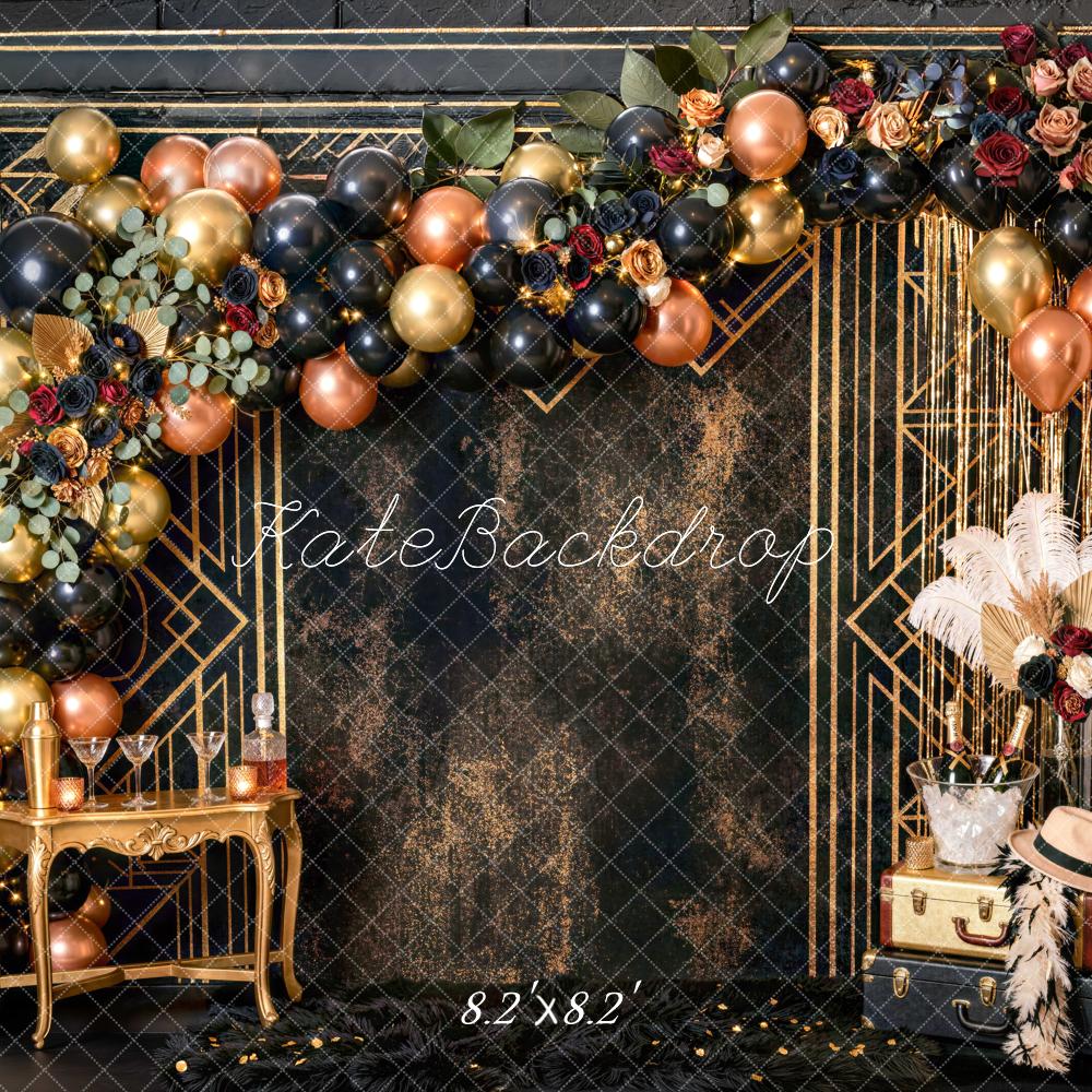 Kate Birthday Black Gold Art Deco Floral Balloon Champagne Garland Printed Backdrop Designed by Mini MakeBelieve