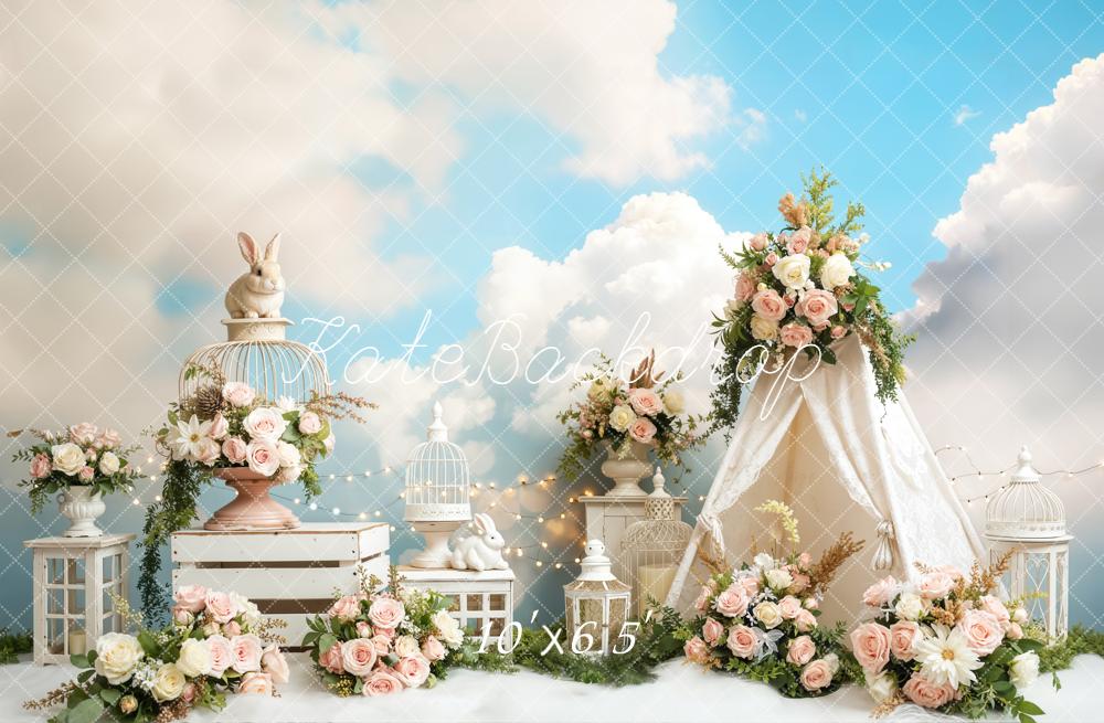 Kate Spring Bunny Birdcage Floral Tent Blue Sky Backdrop Designed by Emetselch