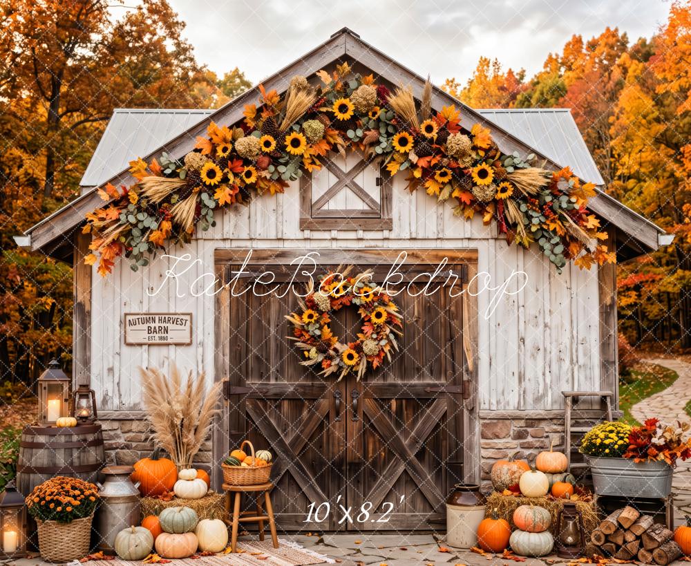 Kate Fall Wood Barn Sunflowers Pumpkins Harvest Forest Printed Backdrop Designed by Patty Roberts