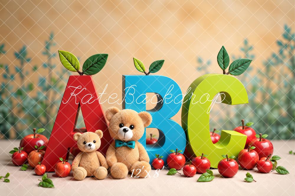 Kate Preschool Kids ABC Apple Teddy Bear Printed Backdrop Designed by Laura Bybee
