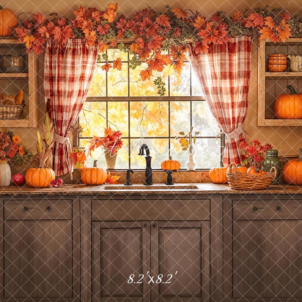 Kate Fall Kitchen Window Pumpkins Rustic Shelves Backdrop Designed by Emetselch
