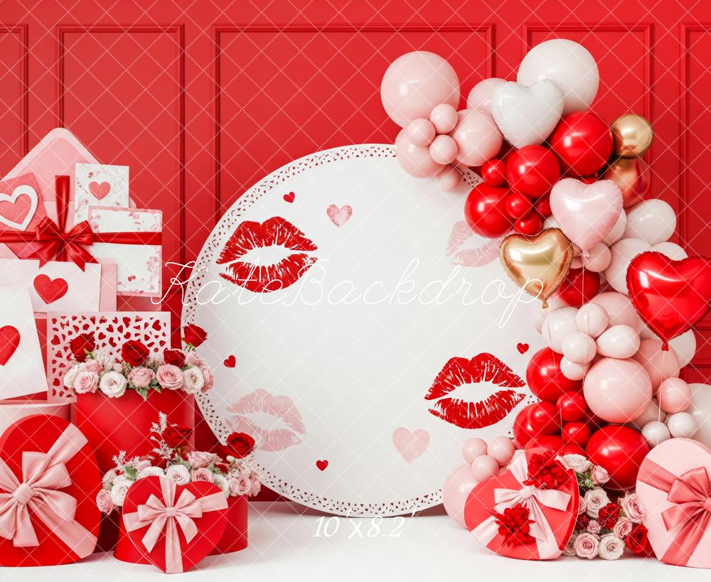Kate Valentine's Day Red Hearts Balloons Gift Boxes Printed Backdrop Designed by Patty Roberts