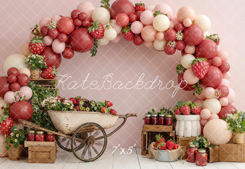 Kate Summer Strawberry Balloon Arch Wheelbarrow Crates Printed Backdrop Designed by Emetselch