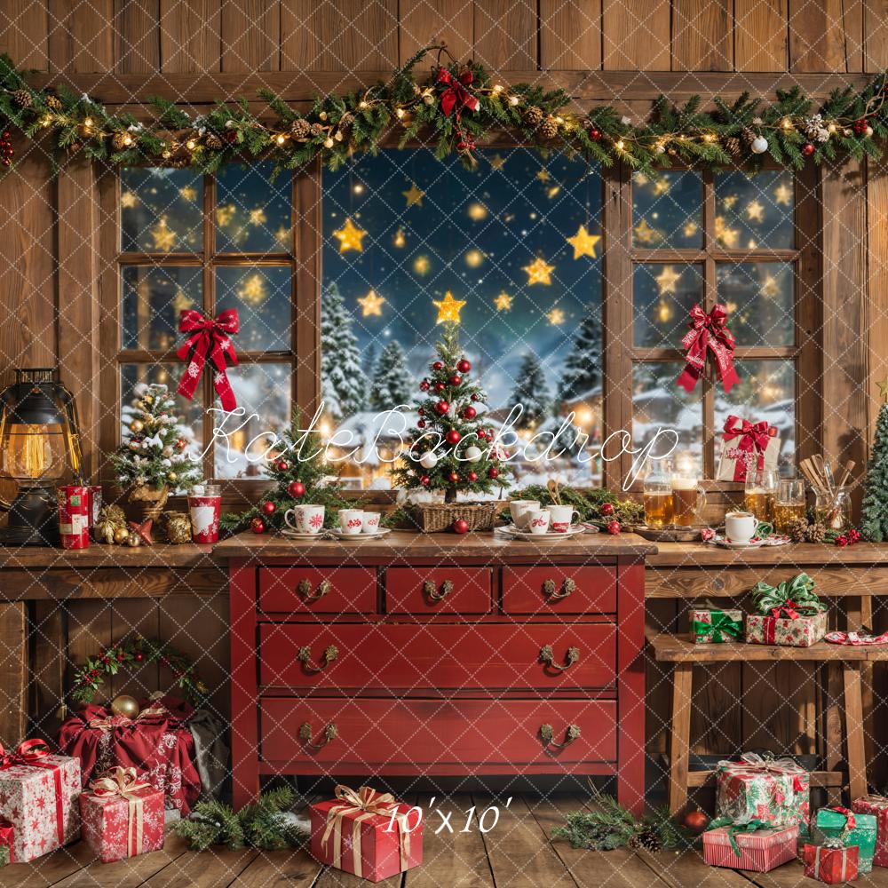 Fondo de Regalos de Ventana Rústica Interior de Navidad Designed by Emetselch