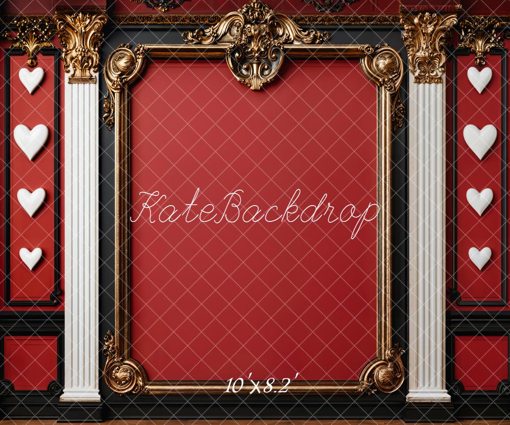Kate Retro Red Baroque Hearts Columns Gold Frame Wall Backdrop Designed by Emetselch