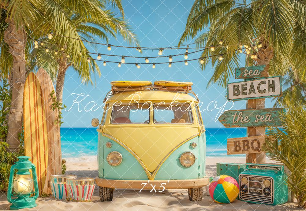 Kate Summer Beach Van Surfboard Palm Trees Printed Backdrop Designed by Emetselch