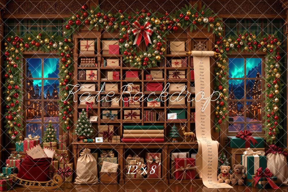 Kate Christmas Santa's Workshop Garland Gift Shelf Printed Backdrop Designed by Mini MakeBelieve