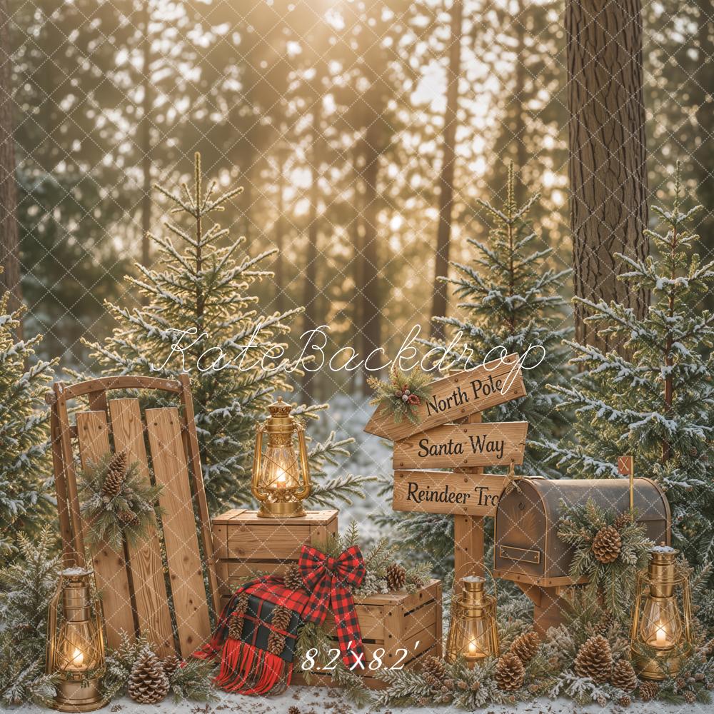 Kate Christmas Winter Forest Pine Trees Lantern Wood Sled Mailbox Signpost Printed Backdrop Designed by Emetselch