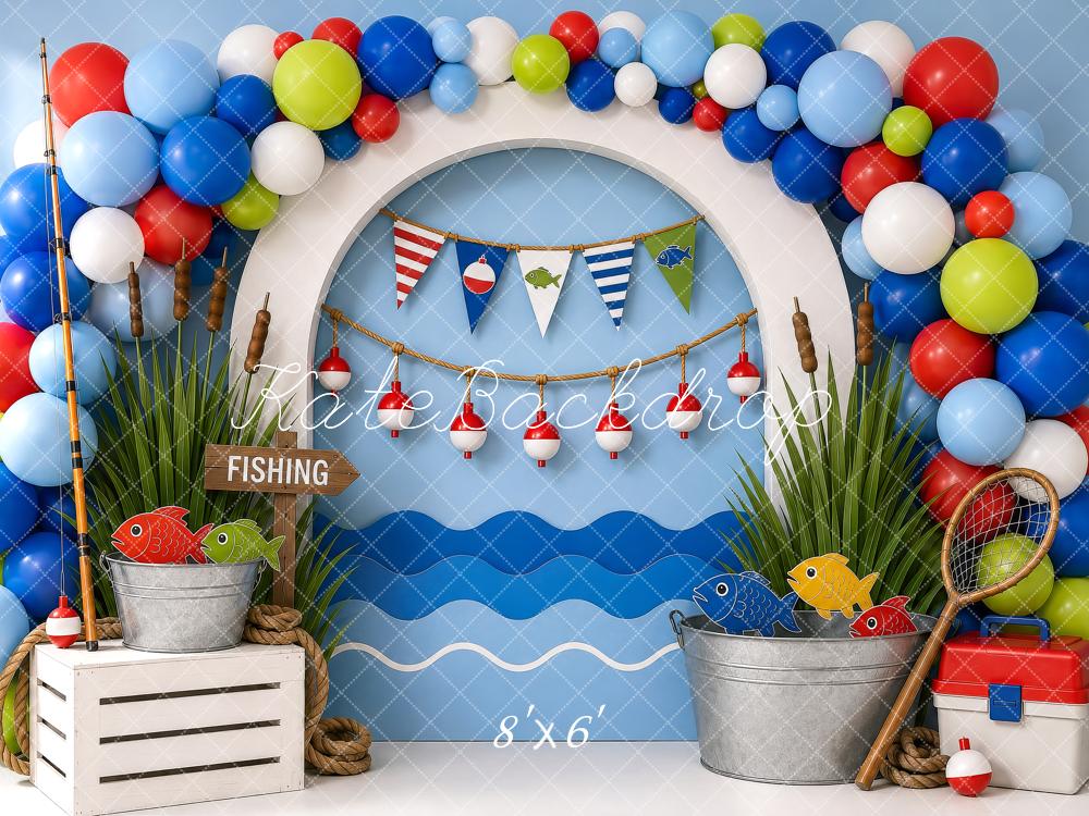 Kate Cake Smash Fishing Arch Balloons Fish Waves Printed Backdrop Printed Backdrop Designed by Shutter Swan Studios