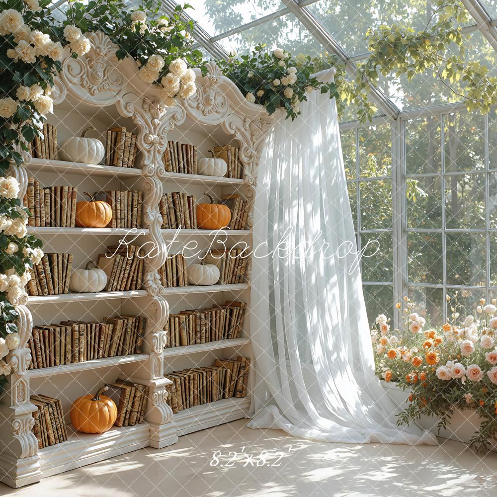 Kate Fall Bookshelf Pumpkins Floral Sunroom Curtains Backdrop Designed by Mini MakeBelieve