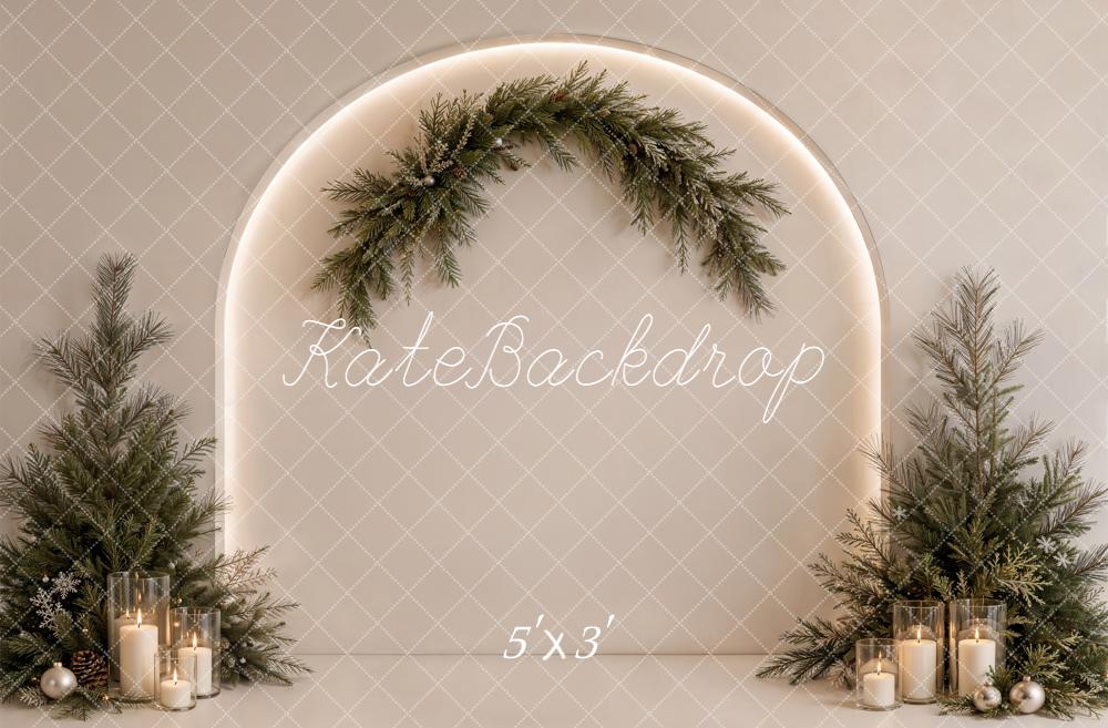 Kate Christmas Minimalist Beige Evergreen Arch Candlelight Printed Backdrop Designed by Emetselch